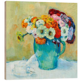 Holzbild Stillleben mit Blumen und Kaffeetasse - Sasha Fuis