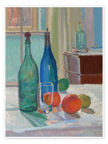 Poster Blaue und grüne Flaschen und Orangen, 1914
