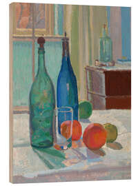 Holzbild Blaue und grüne Flaschen und Orangen, 1914 - Spencer Frederick Gore