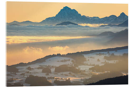Acrylic print Traunstein above sea of fog at sunrise