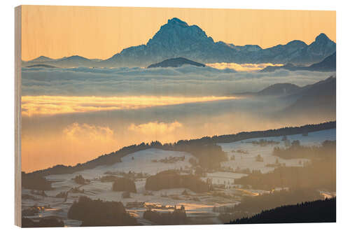 Wood print Traunstein above sea of fog at sunrise
