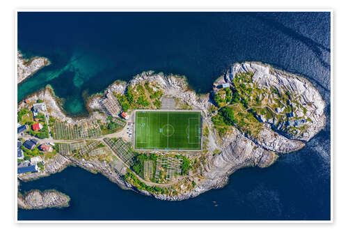 Poster Aerial view, Henningsvaer with football stadium, Lofoten