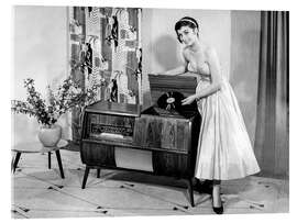 Akrylbilde Woman posing with record player, 1955