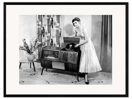 Framed art print Woman posing with record player, 1955