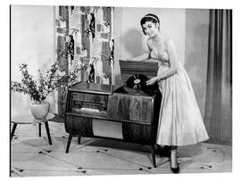 Magnettafel Frau posiert mit Plattenspieler, 1955