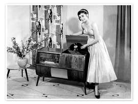 Poster Woman posing with record player, 1955