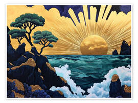 Poster Sunrise over the sea waves - DejaReve