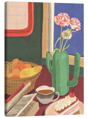 Leinwandbild Buch, Kaffee und Kuchen