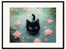 Gerahmter Kunstdruck Schwimmende schwarze Katze