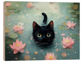 Holzbild Schwimmende schwarze Katze