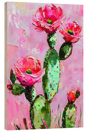 Wood print Pink Fower Cactus