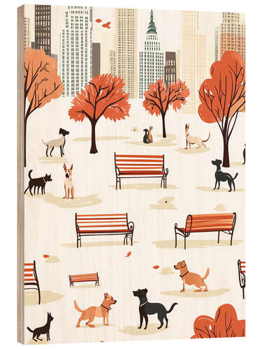 Tableau en bois Autumn City Park Dogs