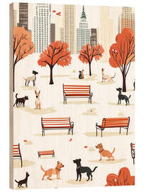 Tableau en bois Autumn City Park Dogs - Arlington Prints