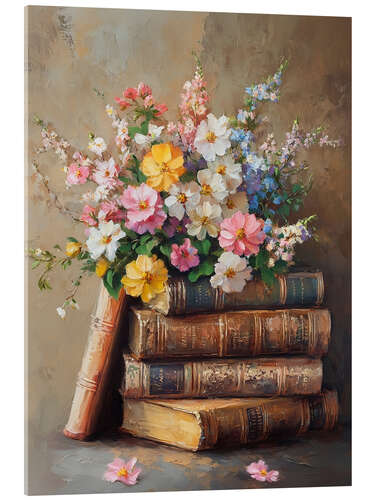 Obraz na szkle akrylowym Vintage Easter Spring Flower on Books Stack