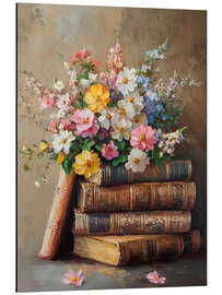 Aluminium print Vintage Easter Spring Flower on Books Stack