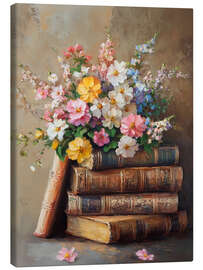 Quadro em tela Vintage Easter Spring Flower on Books Stack
