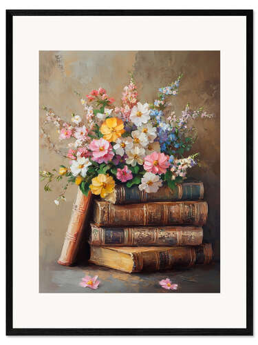 Innrammet kunsttrykk Vintage Easter Spring Flower on Books Stack