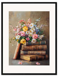 Innrammet kunsttrykk Vintage Easter Spring Flower on Books Stack