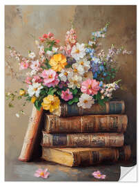 Selvklæbende plakat Vintage Easter Spring Flower on Books Stack