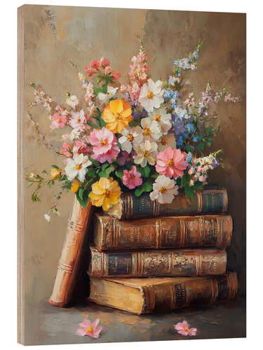 Tableau en bois Vintage Easter Spring Flower on Books Stack