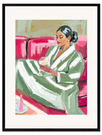 Kehystetty taidepainatus Woman on red sofa