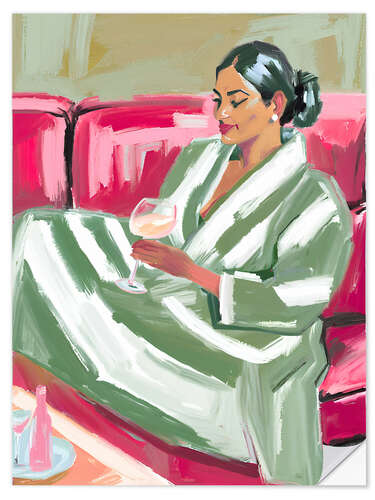 Selvklæbende plakat Woman on red sofa
