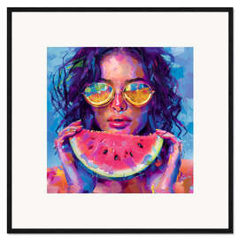 Gerahmter Kunstdruck Saftige Wassermelone und Brünette