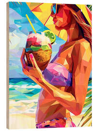 Obraz na drewnie Girl with coconut cocktail - Maria Tuzhilkina