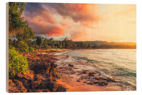 Tableau en bois Turtle Bay a the sunset, Oahu