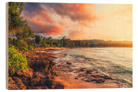 Tableau en bois Turtle Bay a the sunset, Oahu