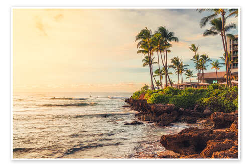 Juliste The Turtle Bay at the sunset, Oahu
