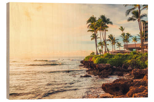 Holzbild Die Turtle Bay bei Sonnenuntergang, Oahu