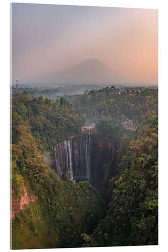 Acrylic print Waterfall and volcano, Indonesia
