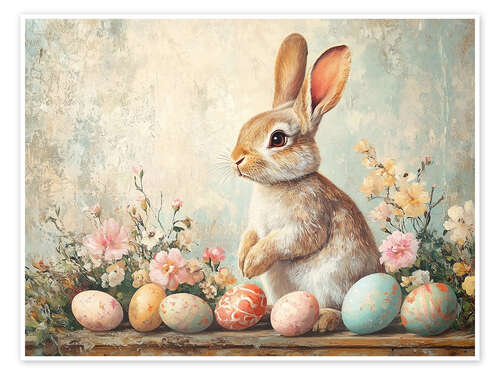 Poster Vintage Easter Bunny with Eggs