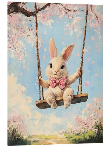 Quadro em acrílico Easter Bunny Riding on Swing under Cherry Blossoms