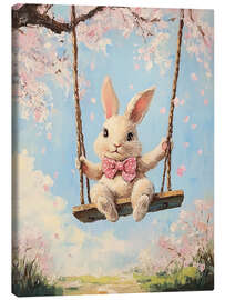 Leinwandbild Osterhase reitet auf Schaukel unter Kirschblüten - TAlex