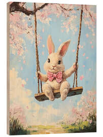 Tableau en bois Easter Bunny Riding on Swing under Cherry Blossoms - TAlex
