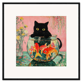Gerahmter Kunstdruck Beschützer - Katze mit Goldfischen