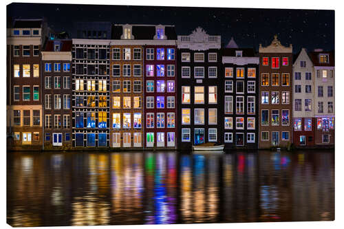 Canvas print Colourful reflections in Amsterdam at night