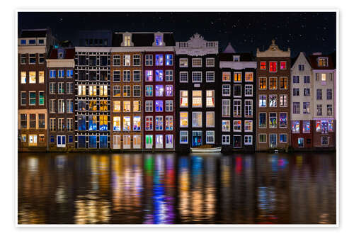 Poster Farbenfrohe Spiegelungen im nächtlichen Amsterdam