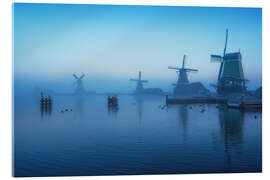 Tableau en verre acrylique Dutch windmills at blue hour - Martin Podt