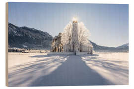 Wood print St. Coloman with sun star in backlight, Allgäu - MUXPIX