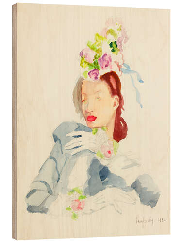 Holzbild Elegante Dame mit Blumenhut, 1926