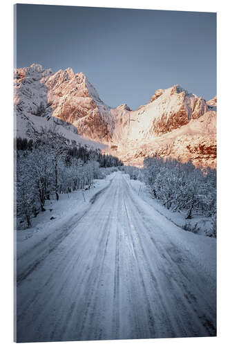Acrylic print Road to Nusfjord, Lofoten winter landscape at sunrise