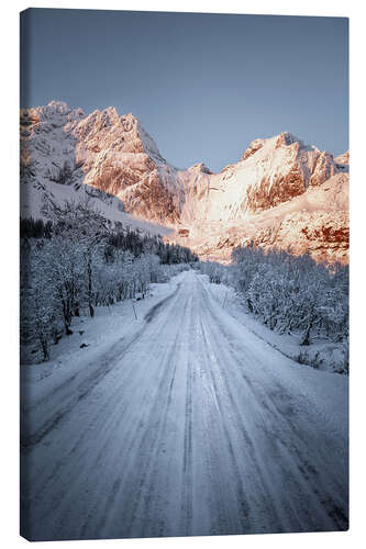 Canvas print Road to Nusfjord, Lofoten winter landscape at sunrise