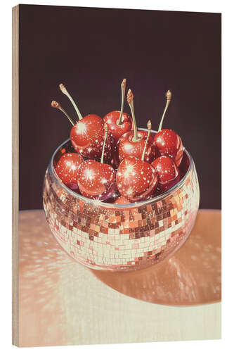 Quadro de madeira Sparkling Cherries in a Disco Ball Bowl