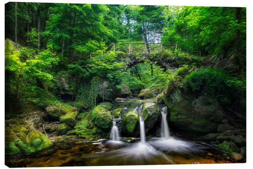 Tableau sur toile Bridge and Waterfall at the Schiessentümpel, Luxembourg