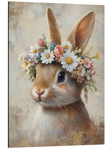Aluminiumsbilde Vintage Easter Bunny with Floral Wreath