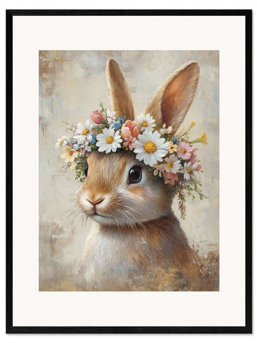 Innrammet kunsttrykk Vintage Easter Bunny with Floral Wreath