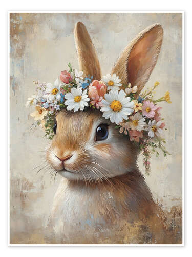 Poster Vintage Easter Bunny with Floral Wreath